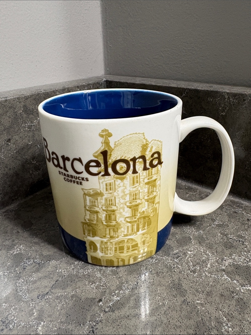 Starbucks Barcelona Ceramic Coffee Mug - Blue and Cream 16 oz